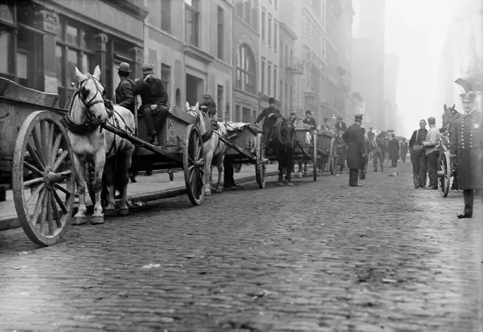 Framed Print : Garbage carts protected by police, 1911. Creator: Bain News Service Framed Print : Garbage carts protected by police, 1911. Creator: Bain News Service