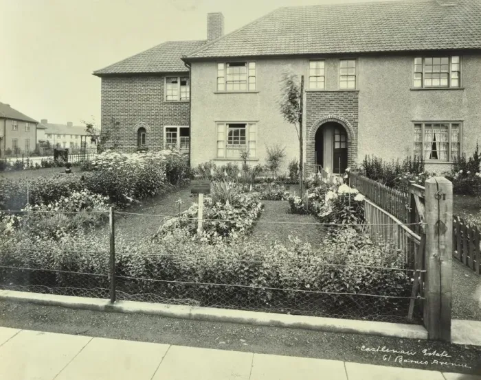 Framed Print : Front garden of 61 Barnes Avenue, on the Castelnau Estate, Barnes, London, 1930 Framed Print : Front garden of 61 Barnes Avenue, on the Castelnau Estate, Barnes, London, 1930