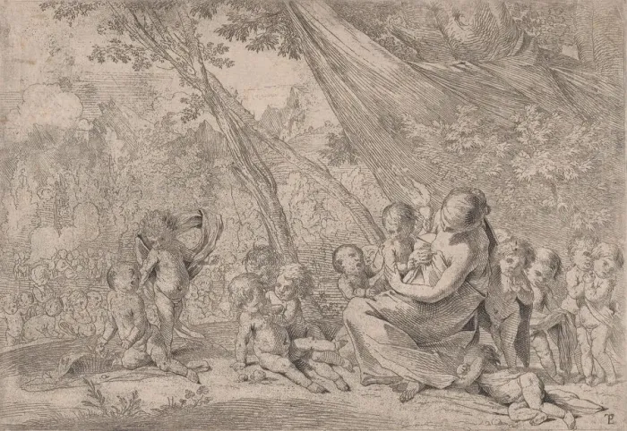 Framed Print : The garden of charity, woman representing Charity at right surrounded by children Framed Print : The garden of charity, woman representing Charity at right surrounded by children