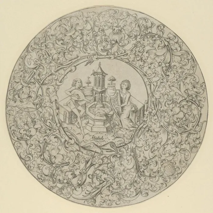 Framed Print : Garden of Love, Within Large Ornamented Circular Frame. Creator: Israhel van Meckenem Framed Print : Garden of Love, Within Large Ornamented Circular Frame. Creator: Israhel van Meckenem
