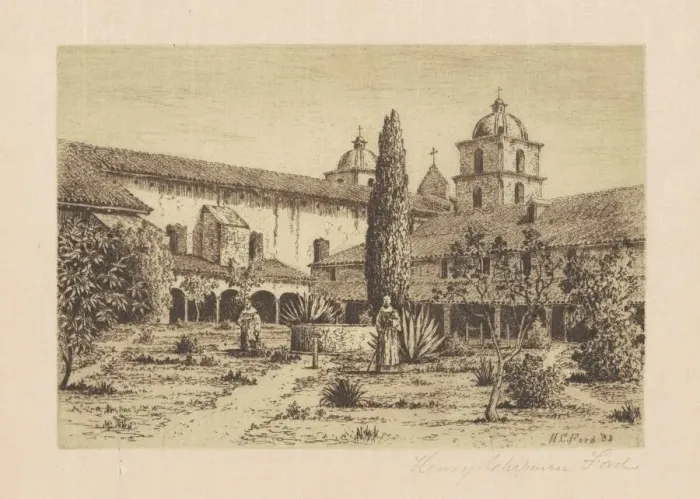 Framed Print : Garden, Mission Santa Barbara, 1888. Creator: Henry Chapman Ford Framed Print : Garden, Mission Santa Barbara, 1888. Creator: Henry Chapman Ford