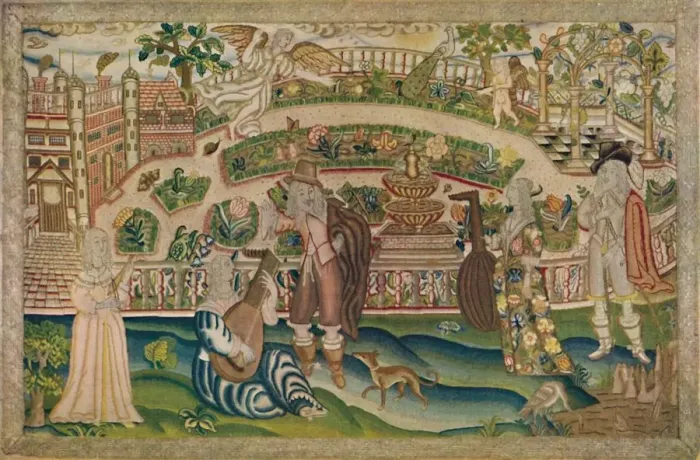 Framed Print : A Garden Scene - Petit-Point Picture of the Period of Charles I, early 17th century, (1928) Framed Print : A Garden Scene - Petit-Point Picture of the Period of Charles I, early 17th century, (1928)