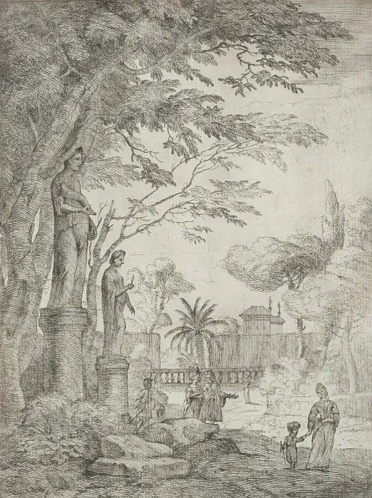 Framed Print : Garden Scene with Two Statues (Garden of the Villa Medici), between circa 1710 and circa 1720. Creator: Jan Frans van Bloemen Framed Print : Garden Scene with Two Statues (Garden of the Villa Medici), between circa 1710 and circa 1720. Creator: Jan Frans van Bloemen