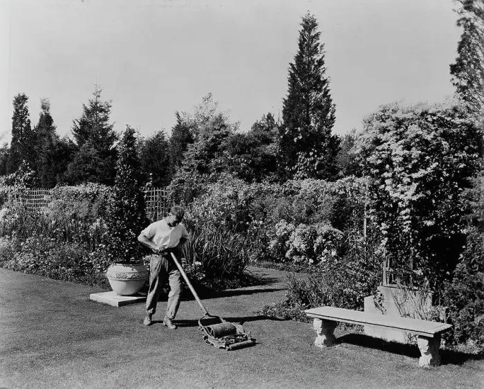 Framed Print : Gardener pushing lawn mower, posed to illustrate Rudyard Kipling's poem The Glory of the Garden, 1917 Creator: Frances Benjamin Johnston Framed Print : Gardener pushing lawn mower, posed to illustrate Rudyard Kipling's poem The Glory of the Garden, 1917 Creator: Frances Benjamin Johnston