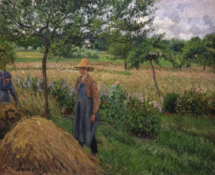Framed Print : Gardener standing by a haystack, overcast sky, Eragny, 1899. Creator: Pissarro, Camille Framed Print : Gardener standing by a haystack, overcast sky, Eragny, 1899. Creator: Pissarro, Camille