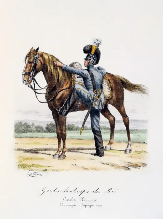 Framed Print : Gardes-du-Corps de Roi, Cavalier d Equipage, Spanish Campaign, 1823 Artist: Eugene Titeux Framed Print : Gardes-du-Corps de Roi, Cavalier d Equipage, Spanish Campaign, 1823 Artist: Eugene Titeux