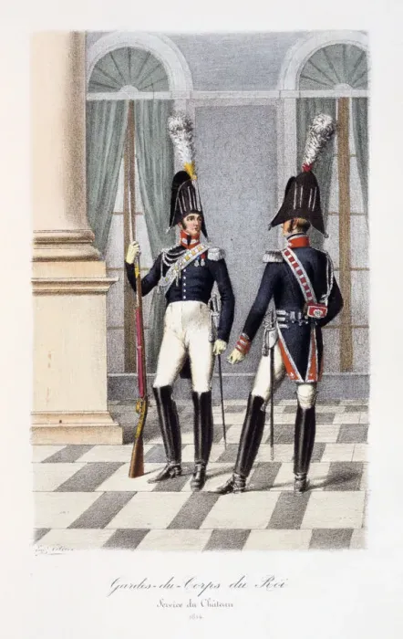Framed Print : Gardes-du-Corps de Roi, Service de Chateau, 1814 Artist: Eugene Titeux Framed Print : Gardes-du-Corps de Roi, Service de Chateau, 1814 Artist: Eugene Titeux