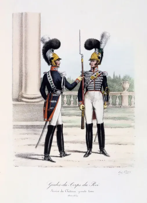 Framed Print : Gardes-du-Corps de Roi, Service de Chateau, grande tenue, 1820-30 Artist: Eugene Titeux Framed Print : Gardes-du-Corps de Roi, Service de Chateau, grande tenue, 1820-30 Artist: Eugene Titeux