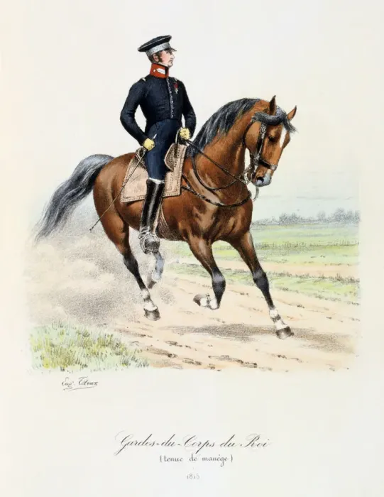 Framed Print : Gardes-du-Corps de Roi, tenue de manege, 1815 Artist: Eugene Titeux Framed Print : Gardes-du-Corps de Roi, tenue de manege, 1815 Artist: Eugene Titeux