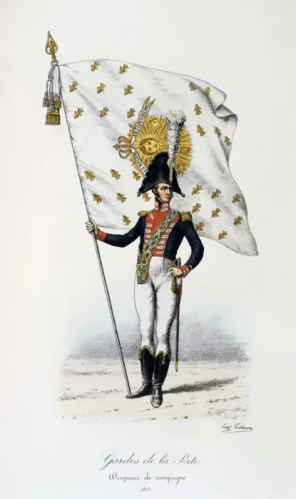Framed Print : Gardes de la Porte, Campaign flag, 1815 Artist: Eugene Titeux Framed Print : Gardes de la Porte, Campaign flag, 1815 Artist: Eugene Titeux