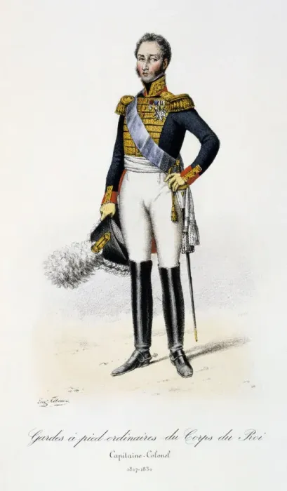 Framed Print : Gardes a pied ordinaires du Corps de Roi, Capitaine-Colonel, 1817-30. Artist: Eugene Titeux Framed Print : Gardes a pied ordinaires du Corps de Roi, Capitaine-Colonel, 1817-30. Artist: Eugene Titeux