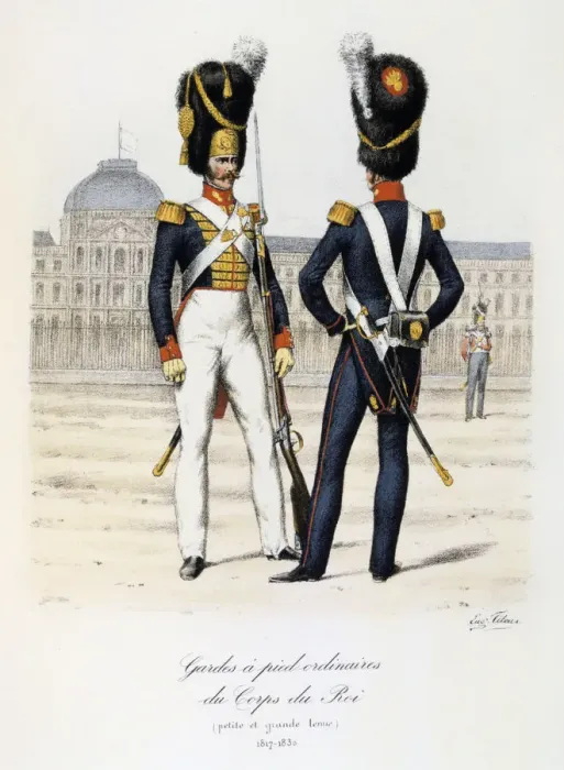 Framed Print : Gardes a pied ordinaires du Corps de Roi, petite and grande tenue, 1817-30 Artist: Eugene Titeux Framed Print : Gardes a pied ordinaires du Corps de Roi, petite and grande tenue, 1817-30 Artist: Eugene Titeux