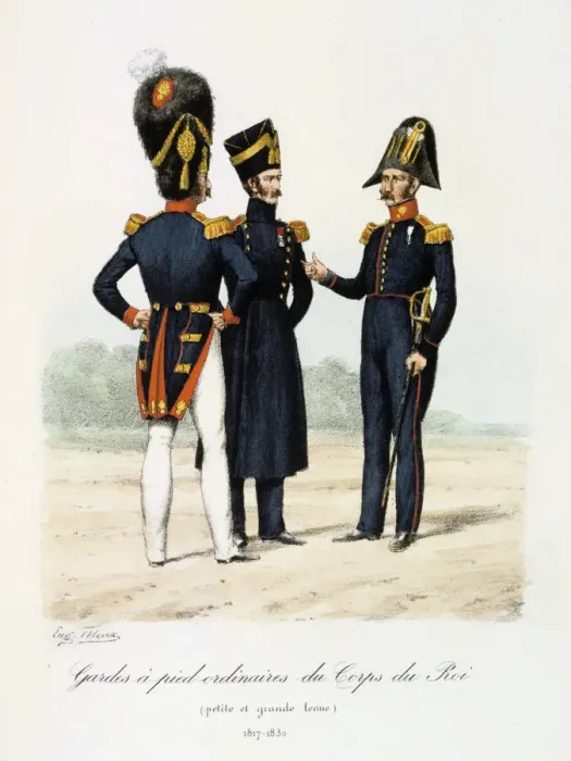 Framed Print : Gardes a pied ordinaires du Corps de Roi, petite and grande tenue, 1817-30 Artist: Eugene Titeux Framed Print : Gardes a pied ordinaires du Corps de Roi, petite and grande tenue, 1817-30 Artist: Eugene Titeux