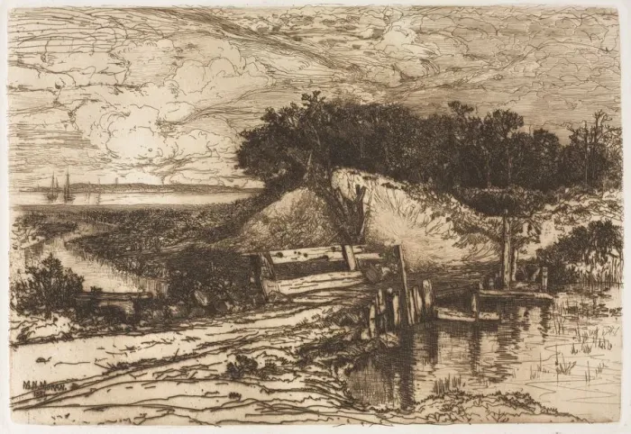 Framed Print : Gardiners Bay, Long Island, seen from Fresh Pond, 1881. Creator: Mary Nimmo Moran (American Framed Print : Gardiners Bay, Long Island, seen from Fresh Pond, 1881. Creator: Mary Nimmo Moran (American