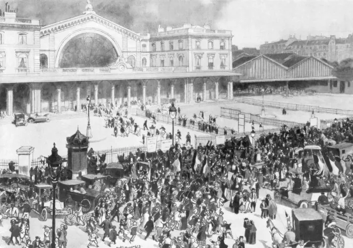 Framed Print : The Gare de l Est railway station during the period of mobilization, Paris, France, 1914. Artist: Andre Devambez