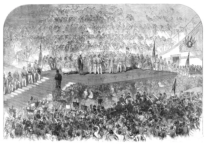 Framed Print : Garibaldi in England: Garibaldi receiving addresses at the Crystal Palace, 1864. Creator: Unknown Framed Print : Garibaldi in England: Garibaldi receiving addresses at the Crystal Palace, 1864. Creator: Unknown