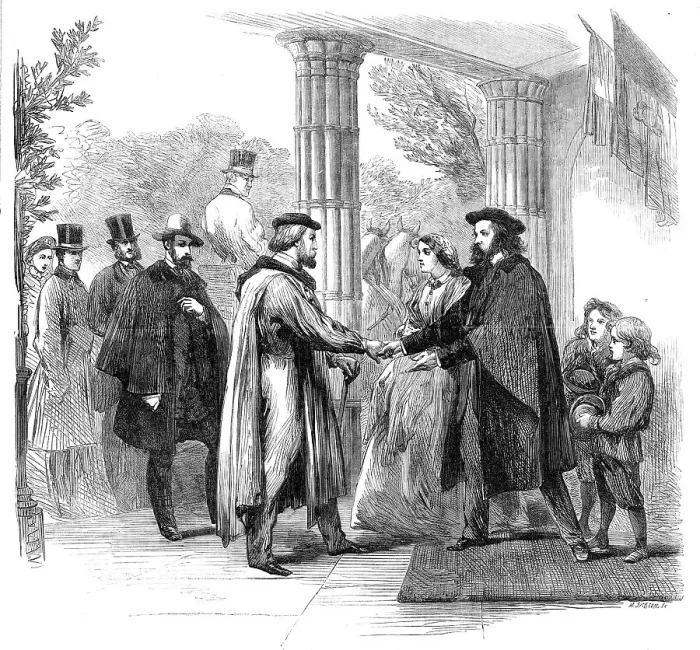 Framed Print : Garibaldi in England: the meeting of Garibaldi and Tennyson at Faringford House, Isle of Wight, 1864 Creator: Mason Jackson Framed Print : Garibaldi in England: the meeting of Garibaldi and Tennyson at Faringford House, Isle of Wight, 1864 Creator: Mason Jackson