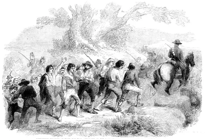 Framed Print : Garibaldian prisoners on their way….to the forts of Genoa - from a sketch by M. Beaucé, 1862. Creator: Unknown Framed Print : Garibaldian prisoners on their way….to the forts of Genoa - from a sketch by M. Beaucé, 1862. Creator: Unknown