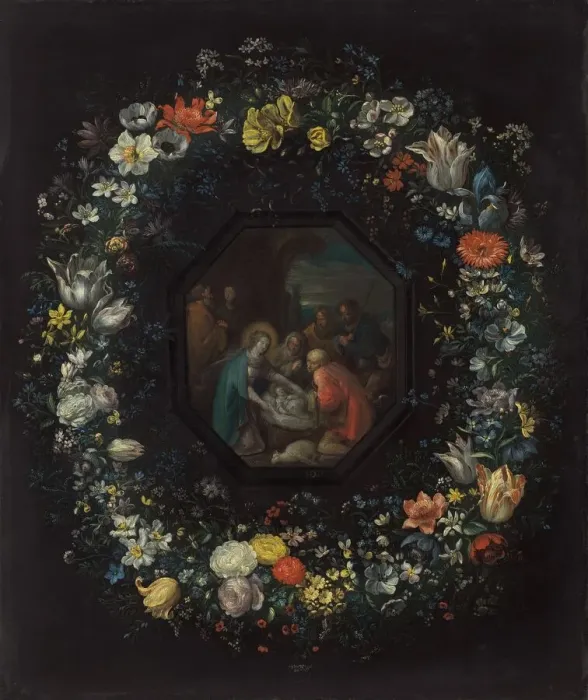 Framed Print : Garland of Flowers with Adoration of the Shepherds, c. 1625 / 1630 Framed Print : Garland of Flowers with Adoration of the Shepherds, c. 1625 / 1630