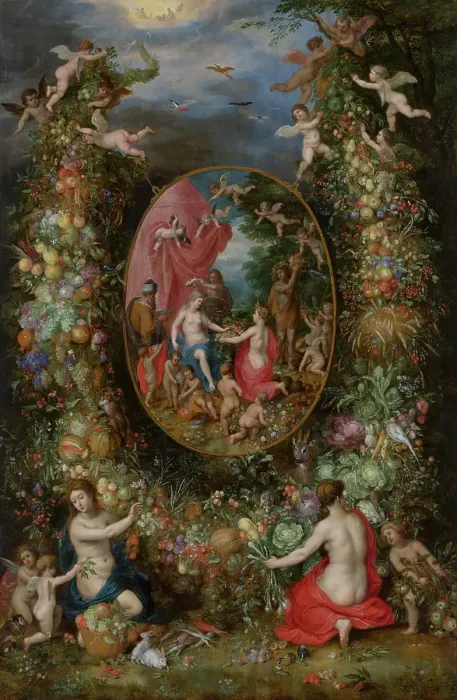 Framed Print : Garland of Fruit surrounding a Depiction of Cybele Receiving Gifts from Personifications...c1620-22. Creators: Jan Brueghel the Elder, Hendrick van Balen I Framed Print : Garland of Fruit surrounding a Depiction of Cybele Receiving Gifts from Personifications...c1620-22. Creators: Jan Brueghel the Elder, Hendrick van Balen I