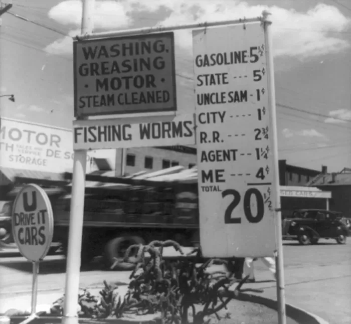 Framed Print : Gas station price analysis, Santa Fe, New Mexico, 1938. Creator: Dorothea Lange Framed Print : Gas station price analysis, Santa Fe, New Mexico, 1938. Creator: Dorothea Lange