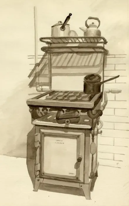 Framed Print : Gas stove, 1951. Creator: Shirley Markham Framed Print : Gas stove, 1951. Creator: Shirley Markham