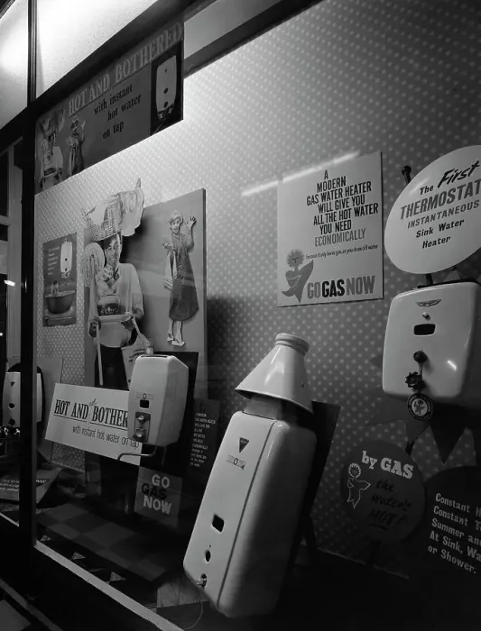 Framed Print : Gas water heaters display, East Midlands Gas Board showroom, Rotherham, South Yorkshire, 1961 Framed Print : Gas water heaters display, East Midlands Gas Board showroom, Rotherham, South Yorkshire, 1961