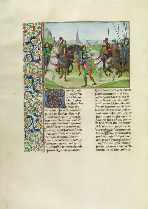 Framed Print : Gaston Phebus, Count of Foix, with his Retinue, c1370s; Chroniques (Book Three), about 1480-1483. Creator: Master of the Getty Froissart Framed Print : Gaston Phebus, Count of Foix, with his Retinue, c1370s; Chroniques (Book Three), about 1480-1483. Creator: Master of the Getty Froissart