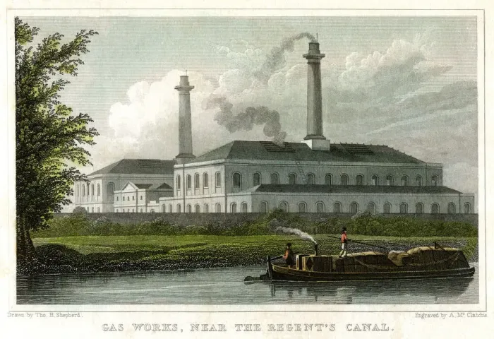 Framed Print : Gasworks by the Regents Canal, London, c1830. Artist: A McClatchie Framed Print : Gasworks by the Regents Canal, London, c1830. Artist: A McClatchie