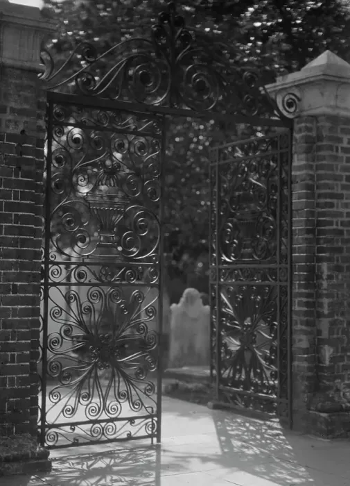Framed Print : Gates on Broad Street to the graveyard at St. Michael's Episcopal Church, Charleston... c1920-1926. Creator: Arnold Genthe Framed Print : Gates on Broad Street to the graveyard at St. Michael's Episcopal Church, Charleston... c1920-1926. Creator: Arnold Genthe