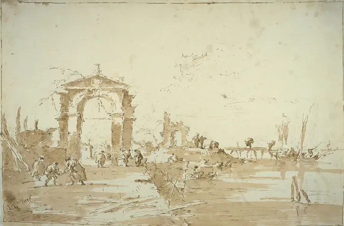 Framed Print : Gateway Near a Landing Bridge, 1780 / 85. Creator: Francesco Guardi Framed Print : Gateway Near a Landing Bridge, 1780 / 85. Creator: Francesco Guardi