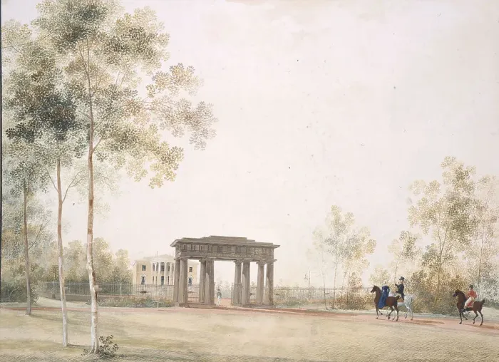 Framed Print : Gateway to the Park in Tsarskoye Selo, after 1821. Artist: Martynov, Andrei Yefimovich (1768-1826) Framed Print : Gateway to the Park in Tsarskoye Selo, after 1821. Artist: Martynov, Andrei Yefimovich (1768-1826)