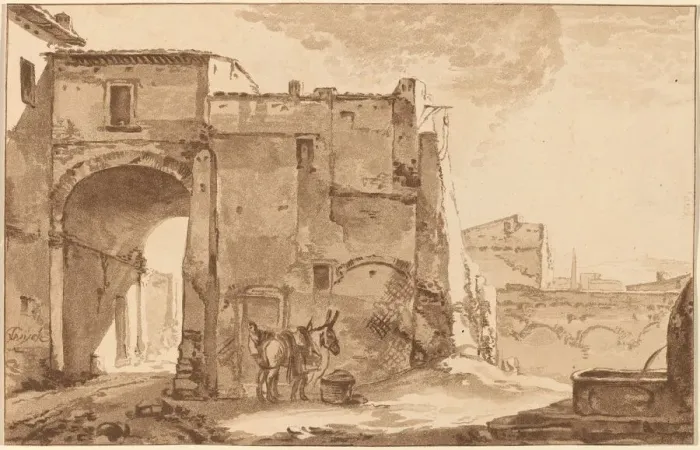 Framed Print : Gateway with Traveler and Mule, 1781, published 1782. Creator: Cornelis Brouwer Framed Print : Gateway with Traveler and Mule, 1781, published 1782. Creator: Cornelis Brouwer