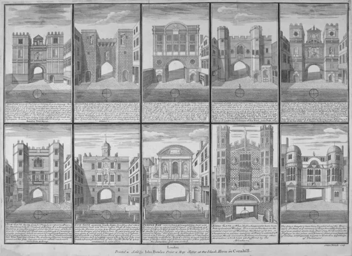 Framed Print : Ten gateways in the City of London and the City of Westminster, 1720. Artist