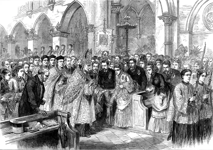 Framed Print : Gathering of English pilgrims, pro-Cathedral Kensington, for the pilgrimage to Paray-le-Monial, 1873 Creator: Unknown Framed Print : Gathering of English pilgrims, pro-Cathedral Kensington, for the pilgrimage to Paray-le-Monial, 1873 Creator: Unknown