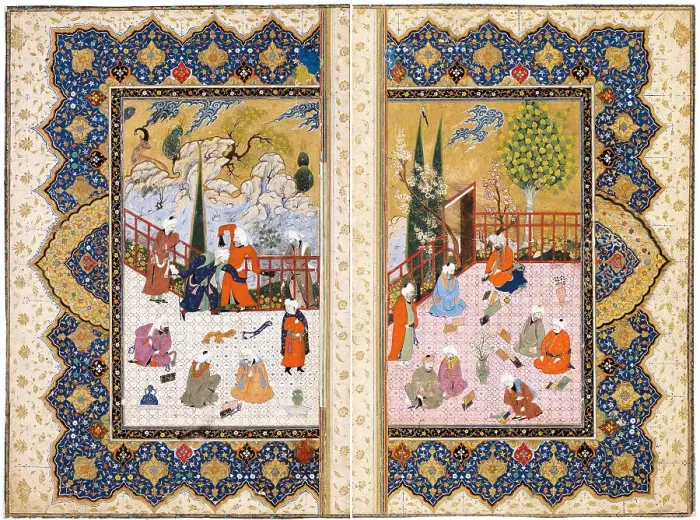 Framed Print : A Gathering of Learned Men on a Terrace. Artist: Iranian master Framed Print : A Gathering of Learned Men on a Terrace. Artist: Iranian master