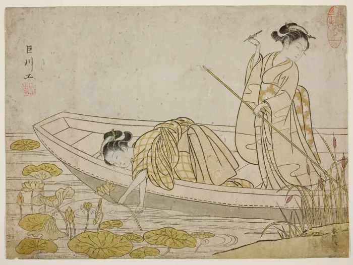 Framed Print : Gathering Lotus Flowers, 1765. Creator: Suzuki Harunobu Framed Print : Gathering Lotus Flowers, 1765. Creator: Suzuki Harunobu