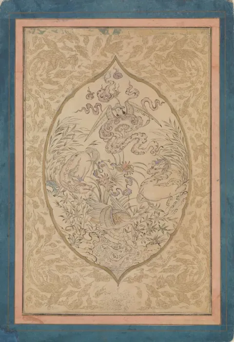Framed Print : A Gathering of Mythical Creatures around a Lotus Leaf, dated Shawwal A. H. 1088 / A. D. 1677 Framed Print : A Gathering of Mythical Creatures around a Lotus Leaf, dated Shawwal A. H. 1088 / A. D. 1677