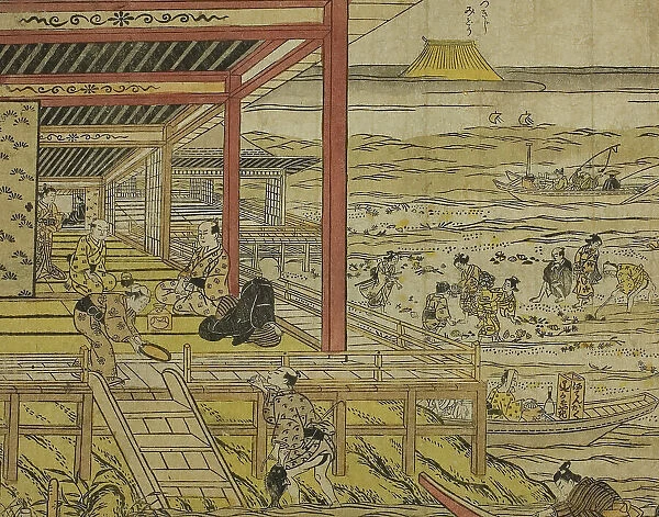 Gathering Shellfish at Low Tide at Shinagawa (Shinagawa shiohigari no zu), 1740s. Creator: Furuyama Moromasa