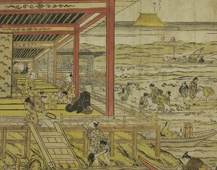 Framed Print : Gathering Shellfish at Low Tide at Shinagawa (Shinagawa shiohigari no zu), 1740s. Creator: Furuyama Moromasa Framed Print : Gathering Shellfish at Low Tide at Shinagawa (Shinagawa shiohigari no zu), 1740s. Creator: Furuyama Moromasa