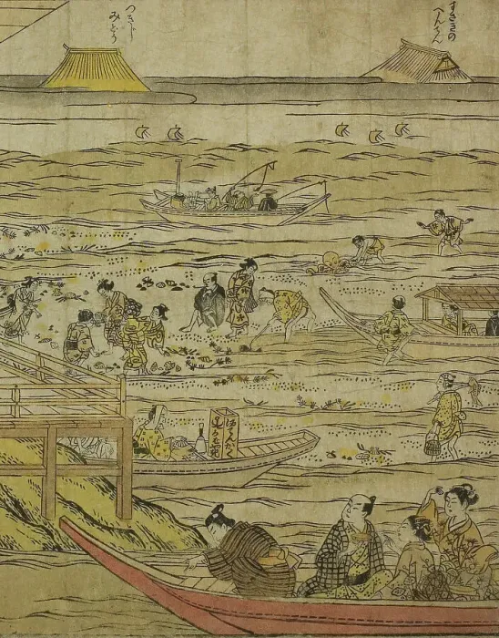Framed Print : Gathering Shellfish at Low Tide at Shinagawa (Shinagawa shiohigari no zu), 1740s. Creator: Furuyama Moromasa Framed Print : Gathering Shellfish at Low Tide at Shinagawa (Shinagawa shiohigari no zu), 1740s. Creator: Furuyama Moromasa