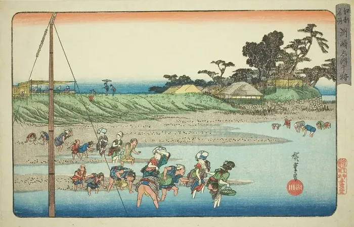 Framed Print : Gathering Shellfish at Low Tide at Susaki (Susaki shiohigari), from the series Famous... c1832 / 34. Creator: Ando Hiroshige. Gathering Shellfish at Low Tide at Susaki (Susaki shiohigari), from the series Famous... c1832 / 34 Framed Print : Gathering Shellfish at Low Tide at Susaki (Susaki shiohigari), from the series Famous... c1832 / 34. Creator: Ando Hiroshige. Gathering Shellfish at Low Tide at Susaki (Susaki shiohigari), from the series Famous... c1832 / 34