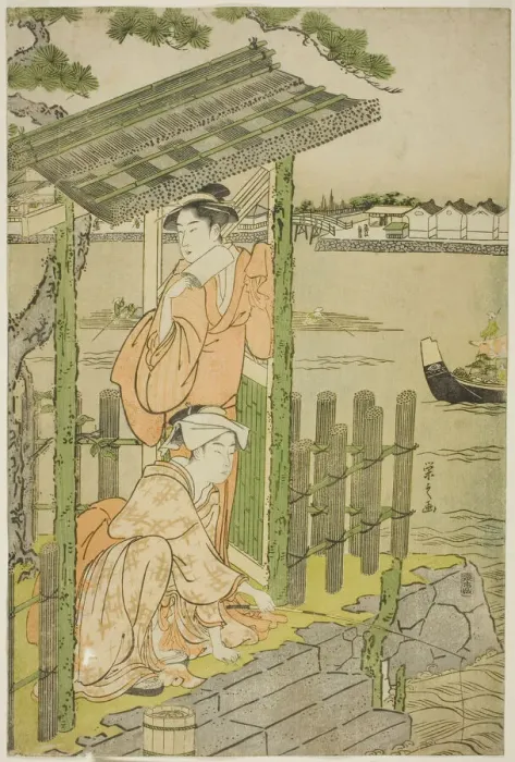 Framed Print : Gathering at a Teahouse on the Bank of the Sumida River, c. 1788 / 90. Creator: Hosoda Eishi Framed Print : Gathering at a Teahouse on the Bank of the Sumida River, c. 1788 / 90. Creator: Hosoda Eishi