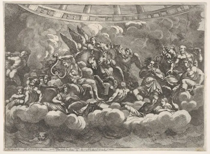 Framed Print : Gathering of various Olympian gods and mythological figures among clouds, Apollo at ce Framed Print : Gathering of various Olympian gods and mythological figures among clouds, Apollo at ce