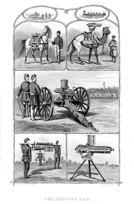 Framed Print : Gatling rapid fire guns, 1862. Artist: William George Armstrong Framed Print : Gatling rapid fire guns, 1862. Artist: William George Armstrong