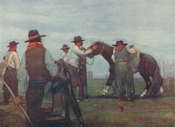 Framed Print : Gauchos Breaking in a Young Horse, 1916. Artist: As Forrest Framed Print : Gauchos Breaking in a Young Horse, 1916. Artist: As Forrest