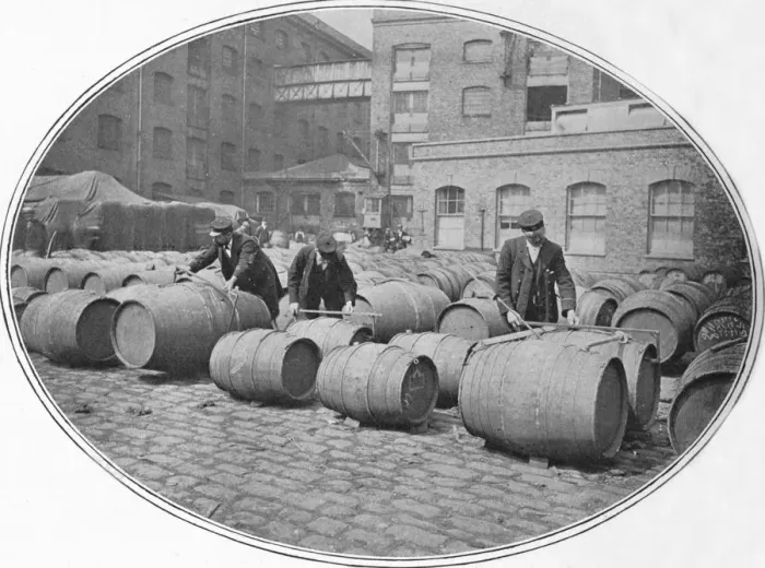 Framed Print : Gauging wine casks at London Docks, c1900 (1901) Framed Print : Gauging wine casks at London Docks, c1900 (1901)
