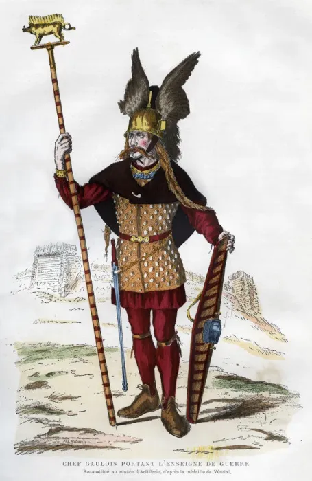 Framed Print : Gaul chief in battle dress carrying a standard, 1882-1884. Artist: Michelet Framed Print : Gaul chief in battle dress carrying a standard, 1882-1884. Artist: Michelet