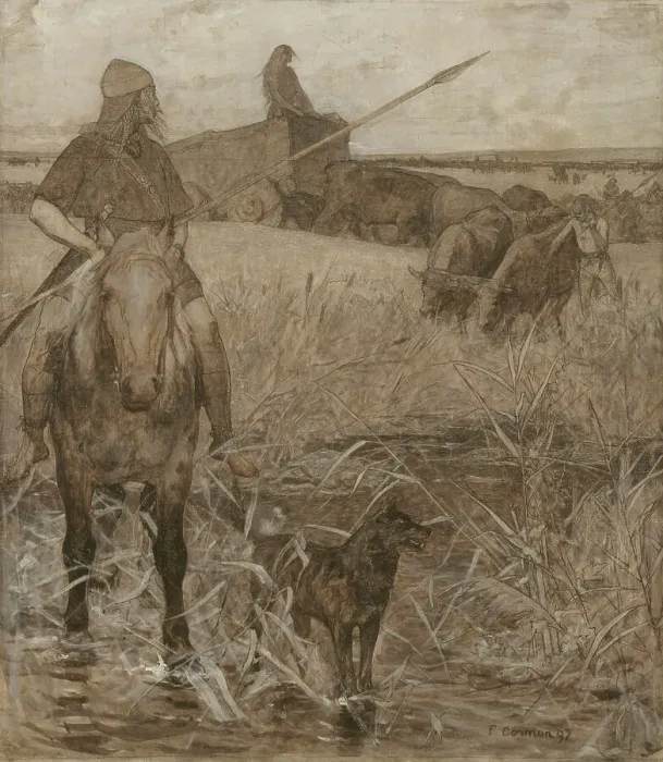 Framed Print : Gauls on horseback, sketch for the amphitheatre of palaeontology at the Museum of Natural... 1897. Creator: Fernand Cormon Framed Print : Gauls on horseback, sketch for the amphitheatre of palaeontology at the Museum of Natural... 1897. Creator: Fernand Cormon