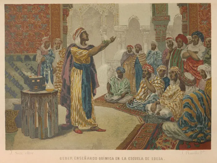Framed Print : Geber teaching chemistry at the School of Edessa, 1879. Creator Framed Print : Geber teaching chemistry at the School of Edessa, 1879. Creator